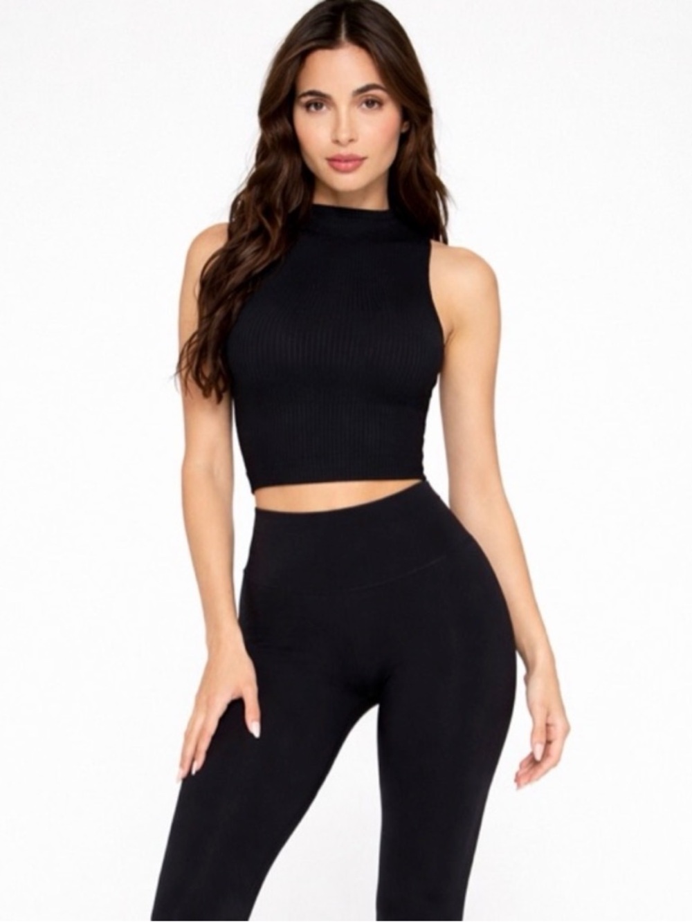 FABLETICS Sculptknit Ribbed Mock Neck Racerback Tank Black NWT Size Large